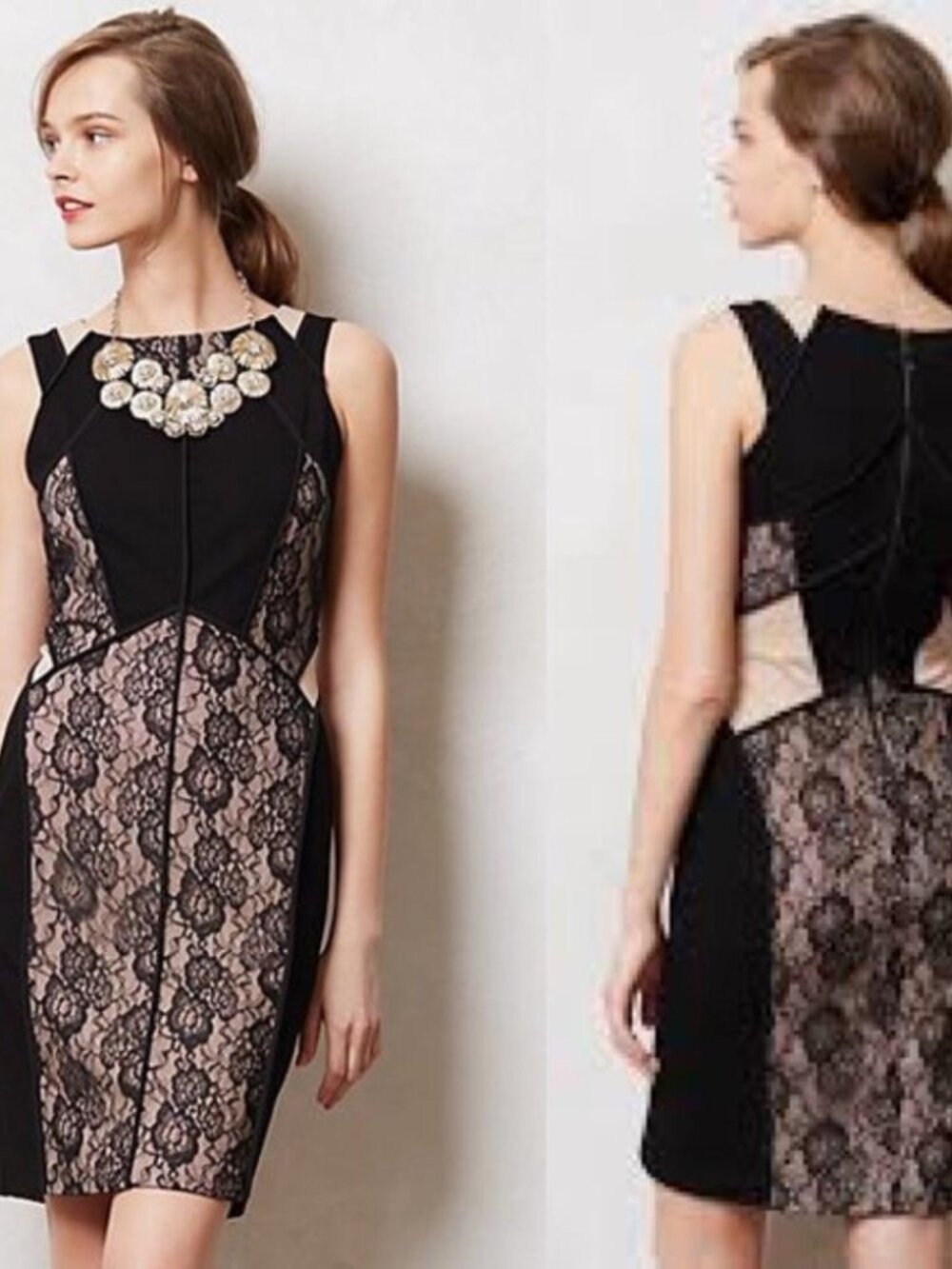 Anthropologie Maeve Black Lace Panel Dress 12 Tan Illusion Wedding Guest Party